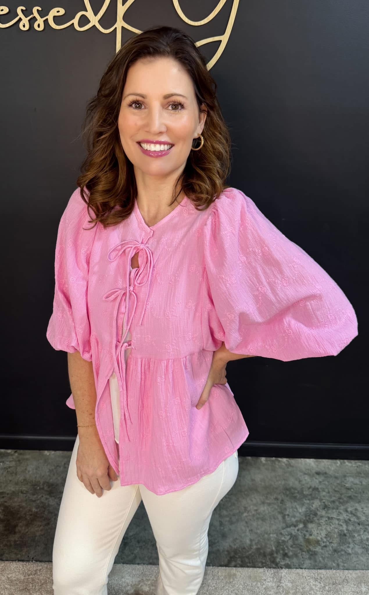 Bubblegum Pink Front Tie Babydoll Top