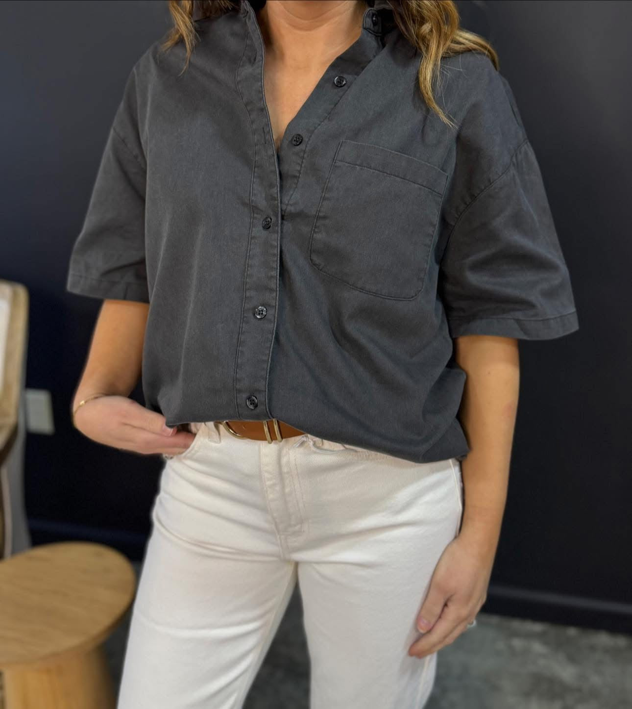 Washed Black Short Sleeve Button Up